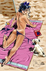 00s 1girls 2000s 2004 ass batman_(series) beach catwoman cris_delara dc dc_comics dog earrings female mask selina_kyle tagme tan tan_lines will_conrad