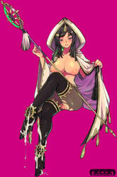 aya_gozen black_eyes black_hair boots breasts censored cum cum_on_body cum_on_clothes cum_on_feet cum_on_lower_body cum_on_shoes eroe feet female full-length_portrait full_length high_heels hood large_breasts long_hair mosaic_censoring nipples open_clothes open_robe pantyhose polearm portrait pussy robe see-through sengoku_musou sengoku_musou_3 shoes sitting solo source_request staff thighhighs weapon