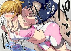 against_glass bare_shoulders bike_shorts blue_eyes blush bra breasts brown_hair clothed_sex clothing condom erect_nipples female from_behind gundam gundam_build_fighters gundam_build_fighters_try hoshino_fumina legs_together male midriff nipples one_eye_closed penetration ponytail raikoh rape short_hair sports_bra tears tied_hair torn_bra torn_clothes underwear vaginal_penetration