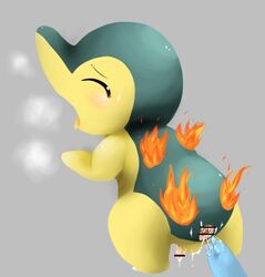 anus censored closed_eyes cyndaquil doneru feral fire gaping_anus grey_background male_only no_humans pokemon pokemon_gsc tagme totodile