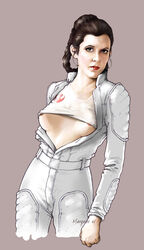 1girls 2001 bespin braid breasts clothing_aside female female_only fist front_view human human_only jumpsuit lipstick looking_at_viewer marquise nip_slip nudity open_clothes open_jumpsuit plain_background princess_leia_organa red_lipstick shirt shirt_up solo standing star_wars the_empire_strikes_back tight_clothing underboob undershirt watermark winter_clothes