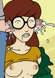 1boy 1girls black-framed_eyewear black-framed_glasses breasts clothing cum daria daria_morgendorffer drooling ear_fuck ear_penetration erect_penis erection exposed_breasts female glasses gradient_background male nipples partial_male penile_penetration penis penis_out round_glasses shirt_lift simple_background skull_flossing skull_fucking small_breasts sparrow_(artist) straight straight_sex t-shirt uncensored veiny_penis what