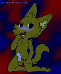 anthro balls blue-rum blush canine erection fangs fluffy fox gregg_(nitw) male mammal night_in_the_woods nude paws penis solo tongue video_games watermark