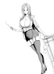 1girls cleavage doujinshi edit high_heels hourglass_figure huge_breasts karasu lingerie long_hair looking_at_viewer monochrome original pantyshot skindentation skirt solo solo_female teacher text thighhighs transparent_background unbuttoned_shirt