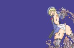 arakune ass beret blazblue blonde_hair breasts detached_sleeves gloves green_eyes gun necktie noel_vermillion pantyshot rape simple_background small_breasts tie wallpaper weapon