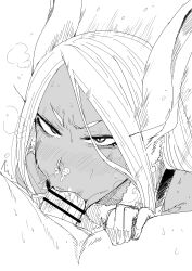 1boy 1girls :>= angry angry_dragon animal_ears bunny_ears cum cum_in_mouth cum_in_throat cum_out_nose dark-skinned_female dark_skin deepthroat eyelashes fellatio female gag gagging glaring greyscale kaiman_garupan leotard long_hair miruko muscular muscular_female my_hero_academia oral penis rumi_usagiyama sketch white_hair