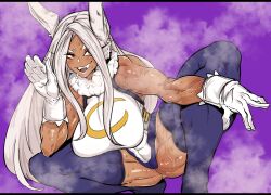 1girls abs animal_ears breasts bunny_ears dark-skinned_female dark_skin eyelashes female_only gloves huge_breasts leotard long_hair looking_at_viewer miruko mr.way muscular muscular_female my_hero_academia red_eyes rumi_usagiyama smile solo squatting steam sweat thighhighs thighs white_hair