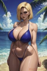 1girls ai_generated android_18 bikini blonde_hair blue_eyes curvy_body curvy_female curvy_figure dragon_ball dragon_ball_z female female_only highres huge_breasts looking_at_viewer schneed64 short_hair solo stable_diffusion