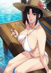 bare_shoulders beach bikini black_eyes black_hair breasts collarbone elbow female female_only hat hat_flower holding_glass holding_object large_breasts looking_at_viewer mature_female mole_under_mouth my_mother_the_animation nush_(xter) red_nails sitting swimsuit thick_thighs thighs xter xtermination