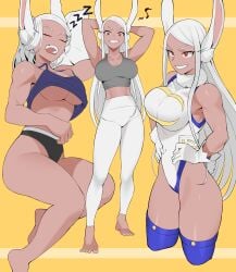 1girls animal_ears ass breasts bunny_ears dark-skinned_female eyelashes female_only gloves huge_ass ko_koyap large_breasts leotard long_hair looking_at_viewer miruko muscular_female my_hero_academia open_mouth panties red_eyes rumi_usagiyama sleeping sleepwear smile solo sports_bra tan_skin thick_thighs thigh_boots thighs underboob white_hair wide_hips yoga_pants