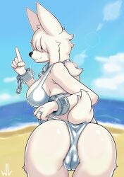 absurd_res anthro ass beach big_breasts big_ears bikini bra breasts camel_toe canid canine chains clothing clothing_grab cloud collar cuff_(restraint) death_(whitev) digital_media_(artwork) female fur genitals hair hair_over_eyes hi_res lens_flare looking_at_viewer looking_back mammal metal_collar outside ponytail pussy rear_view restraints ring sea seaside shackles short_tail shush signature silver_clothing smile solo swimwear tail underwear water wedgie white_body white_fur whitev