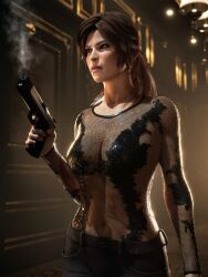 3d big_breasts black_bodysuit bodysuit cleavage elisanetishar female female_focus female_only fishnet_shirt gun jeans lace lara_croft lara_croft_(survivor) ponytail smoking_gun tomb_raider tomb_raider_(survivor)