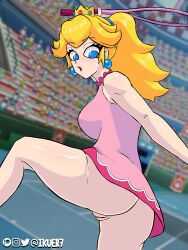 1girls alternate_costume alternate_version_available big_ass big_breasts big_butt blonde_hair blue_eyes blush blushed clothing crown dress earrings exposed_pussy female female_only huge_ass huge_breasts huge_butt huge_thighs ikuer7 light-skinned_female light_skin lipstick mario_(series) mario_tennis nintendo no_panties outdoors pink_dress ponytail princess princess_peach short_dress solo standing suprised tennis tennis_court tennis_racket tennis_uniform thick thick_ass thick_thighs yellow_hair