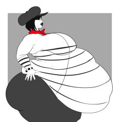 ass bbw big_ass big_breasts big_butt black_hair black_lips black_lipstick breasts clown clown_girl digestion fat hat lipstick looking_at_viewer makeup mime mime_girl original original_character owlizard pale-skinned_female post_digestion post_vore short_hair side_view sideboob ssbbw thick_thighs thighs vore vore_belly