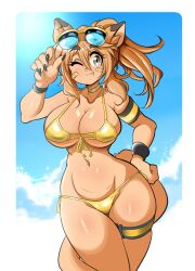 anthro big_breasts bikini black_nails breasts cleavage female female_focus female_only goya_(lucyfercomic) lucyfercomic original original_character sunglasses sunglasses_on_head tail thick_thighs thighs wide_hips