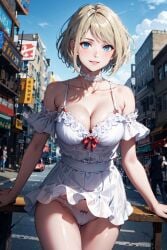 ai_generated ashley_graham ashley_graham_(ella_freya) blonde_hair breasts capcom choker cleavage dress microdress panties pantyshot pantyshot_(standing) resident_evil resident_evil_4 resident_evil_4_remake short_dress short_hair underwear wind_lift