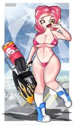 1girls 1nkdax bikini breasts digital_drawing_(artwork) digital_media_(artwork) digital_painting_(artwork) female female_focus female_only hand_on_cheek looking_at_viewer octoling octoling_girl open_mouth orange_hair pink_hair shoes sling_bikini socks splatoon splatoon_3 thong watermark weapon