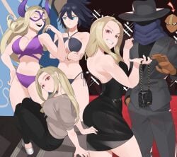 1boy 2023 2girls adult adults ass big_ass bikini black_dress black_hair blonde_hair blue_eyes dress eye_mask fashion hat horns kamui_woods ko_koyap long_hair looking_at_viewer looking_back mask midnight_(my_hero_academia) midriff mount_lady my_hero_academia nemuri_kayama open_mouth ponytail pool poolside red_carpet red_eyes scarf smile suit swimsuit underboob yuu_takeyama