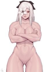 1girls abs absurdres adonis_belt black_bow bow breasts casual censored collarbone colored_skin completely_nude covered_nipples crossed_arms deltoids drag-on_dragoon drag-on_dragoon_3 drakengard drakengard_3 female flower flower_over_eye forearms hairbow highres human large_breasts long_hair looking_at_viewer mosaic_censoring muscular muscular_female nier_(series) nude nude_female pale_skin pussy red_eyes ribbon solo speedl00ver thick_thighs thighs white_flower white_hair zero_(drag-on_dragoon) zero_(drakengard)