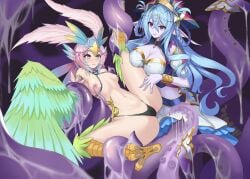 2girls animal_ears bian_qunqing bird_ears bird_legs black_panties blue_hair blush bracelet breasts carol_(clover_theater) chinese_commentary cleavage closed_eyes clover_theater colored_skin commentary_request consensual_tentacles feathers gradient_hair green_feathers green_wings hair_ornament harpy headdress highres imola_(clover_theater) jewelry large_breasts lifting_person long_hair monster_girl multicolored_hair multiple_girls navel nipple_tweak nipples open_mouth panties pink_hair pointy_ears purple_eyes purple_skin scylla short_hair slime_(substance) small_breasts talons tentacle underwear winged_arms wings