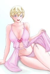 artist_request belly blonde_hair blue_eyes breasts cleavage collarbone dress earrings eyebrows_hidden_by_hair female gown groin highres izumo_tenka jewelry large_breasts lingerie looking_at_viewer mato_seihei_no_slave midriff midriff_peek navel open_mouth panties pink_panties short_hair simple_background sitting smile solo tongue underwear user_ahsk7384 very_short_hair white_background