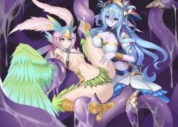 2girls animal_ears bian_qunqing bird_ears bird_legs blue_hair blush bracelet breasts carol_(clover_theater) chinese_commentary cleavage clover_theater colored_skin commentary_request consensual_tentacles covered_nipples feathers gradient_hair green_feathers green_wings hair_ornament harpy headdress highres imola_(clover_theater) jewelry large_breasts lifting_person long_hair monster_girl multicolored_hair multiple_girls navel nipples open_mouth pink_hair pointy_ears purple_eyes purple_skin scylla short_hair slime_(substance) small_breasts talons tentacle winged_arms wings