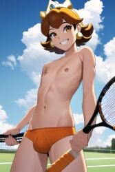 1boy ai_generated belly belly_button brown_eyes brown_hair bulge bulge_through_clothing crown femboy genderswap_(ftm) male male_only males_only mario_(series) mario_tennis nipples novelai prince_darcy princess princess_daisy rule_63 solo swim_briefs swimsuit tennis tennis_racket topless