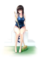 1girls black_hair blush breasts broom broomstick cleavage female_only huge_breasts kotegawa_yui looking_at_viewer one-piece_swimsuit open_mouth realman school_swimsuit sitting solo suggestive swimsuit thick_thighs thighs to_love-ru yellow_eyes