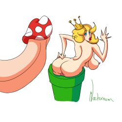 1girls ass blonde_hair breasts female looking_back mario_(series) mushroom nude princess_peach simple_background stuck stuck_in_pipe super_mario_bros. warp_pipe