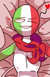 1boy arms_spread bed bedroom countryhumans green_hair italy_(countryhumans) laying_down laying_on_bed looking_at_viewer male_only nipples pink_nipples red_hair red_scarf scarf smile smiling teeth white_hair