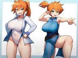 2girls aged_up ai_generated breasts crossover cucarachaaa female female_only green_eyes hero_outfit_(mha) huge_breasts itsuka_kendou kasumi_(pokemon) kendou_itsuka large_breasts light-skinned_female light_skin long_hair misty_(pokemon) multiple_girls my_hero_academia nintendo orange_hair outfit_swap pokemon pokemon_hgss pokemon_rgby side_ponytail smile swimsuit thighs