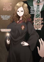 1boy 1girls big_breasts brainwashing breasts brown_hair cape cheating clothed clothing corruption curvy curvy_female english_text female gryffindor gryffindor_symbol gryffindor_tie harry_potter hermione_granger high_resolution highres hogwarts hogwarts_school_uniform hogwarts_student huge_breasts hypnosis large_breasts light-skinned_female light_skin magic magic_wand male memory_alteration mind_control netorare ntr ron_weasley school_uniform schoolgirl schoolgirl_uniform slytherin slytherin_tie terasu_mc text witch wizard wizard_robe