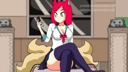 9_tails academy_ahri academy_series ahri animated league_of_legends leggings looping_animation nine_tailed_fox on_phone pink_hair short_skirt teemovsall texting vagina vastaya yellow_eyes