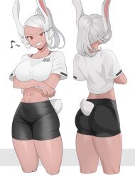 1girls animal_ears ass belly_shirt bike_shorts breasts bunny_ears bunny_tail dark-skinned_female eyelashes female_only front_and_back ko_koyap large_ass large_breasts looking_at_viewer midriff miruko muscular_female my_hero_academia navel ponytail red_eyes rumi_usagiyama short_hair shorts skin_tight smile smug solo spats tail thick_thighs thighs tomboy white_hair wide_hips