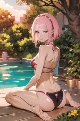 1girls ai_generated alyxra ass barefoot bikini boruto:_naruto_next_generations female female_only from_behind green_eyes kneeling looking_at_viewer looking_back milf naruto naruto_(series) pink_hair poolside sakura_haruno solo solo_focus