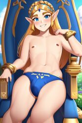 1boy ai_generated belly belly_button blonde_hair breath_of_the_wild bulge bulge_through_clothing elf_ears femboy genderswap_(ftm) hair nipples novelai princess_zelda rule_63 smile swim_briefs swimsuit the_legend_of_zelda the_legend_of_zelda:_breath_of_the_wild topless zelda_(breath_of_the_wild)