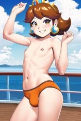 1boy ai_generated belly belly_button brown_eyes brown_hair bulge bulge_through_clothing crown daisy_cruiser femboy genderswap_(ftm) male male_only males_only mario_(series) nipples novelai prince_darcy princess princess_daisy rule_63 solo swim_briefs swimsuit topless