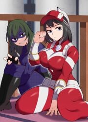 2girls big_breasts black_eyes black_hair blue_eyes bodysuit breasts eye_mask female_only fingerless_gloves gauntlets gloves green_hair hat hero_outfit_(mha) kneeling ko_koyap kodai_yui large_breasts long_hair looking_at_viewer mask my_hero_academia sharp_teeth short_hair sitting skin_tight smile thick_thighs thighs tokage_setsuna v yui_kodai