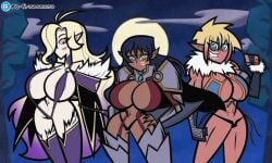 3girls :p abs ahoge areolae armor bangs bikini_armor blonde_hair breasts cape cleavage clothed_female clothing covered_nipples dark-skinned_female dark_elf dark_skin delva_celebrian elda_ballad elf eyebrows_visible_through_hair fan_art female female_only frown fur_trim gloves gradient_hair hair_between_eyes hair_over_one_eye hand_on_hip highres huge_breasts jojobrito large_breasts lips long_hair looking_at_viewer medium_breasts misery_stentrem multicolored_hair multiple_girls navel parted_lips pointy_ears puffy_nipples purple_hair red_eyes shiny shiny_clothes shiny_hair shiny_skin short_hair skintight sling_bikini smile swimsuit sword thighhighs toned tongue weapon yellow_eyes youkoso!_sukebe_elf_no_mori_e