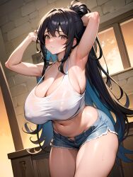 1girls 2023 ai_generated ai_hands anime_nose armpits arms_up black_hair blush booty_shorts breasts_bigger_than_head breasts_visible_through_clothing cleavage cleavage_overflow clothed_female curvaceous curvy curvy_female female_focus female_only huge_breasts jean_shorts large_nipples long_hair looking_at_viewer nipple_bulge nipples_visible_through_clothing sideboob stable_diffusion sweat sweatdrop thick_thighs translucent_clothing undercolor_(hair) unzipped_pants unzipped_shorts voluptuous voluptuous_female