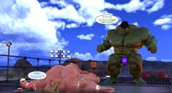 2boys 3d 3d_(artwork) beefy bulge defeat defeated defeated_hero defeated_male excessive_muscles extreme_muscles flaccid flaccid_cock flaccid_penis gay green-skinned_male green_skin hulk hulk_(series) human light-skinned_male light_skin luckystallion male male/male male_only marvel muscular muscular_males studs text_bubble thor_(marvel) thor_(series) tight_clothing transparent_clothing yaoi