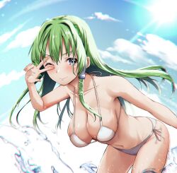 1girls :> armpits big_breasts bikini blue_eyes blush blushing_at_viewer breasts cleavage cleavage_overflow cloud clouds collarbone eyebrows_visible_through_hair female female_only fisheye green_eyes hair_between_eyes hanging_breasts kamunika large_breasts leaning leaning_forward long_hair looking_at_viewer navel one_eye_closed peace_sign sagging_breasts sanae_kochiya side-tie_bikini sideboob sky strap_gap sun sunlight touhou v water white_bikini