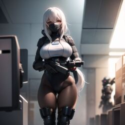 1girls ai_generated bounty_hunter brown_eyes cyborg female holding_object holding_weapon indoors laboratory laser_gun long_hair nemus_waifu_generator pooplool sole_female solo solo_female tagme thick_thighs thighs tight_clothes tight_clothing white_hair