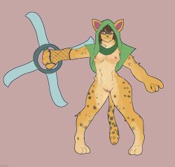 anthro areola breasts brown_hair countershading facial_markings felid feline female fishnet fishnet_armwear fur genitals hair head_markings hi_res holding_object holding_weapon hood inabaart leopard_spots leopardus mammal markings mask_(marking) mostly_nude nipples ocelot pussy ranged_weapon red_eyes scarf short_hair shuriken simple_background solo spots ta'liana weapon yellow_body yellow_fur