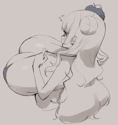 1girls bikini blush galko greyscale hair_bun hair_ornament huge_breasts hyper_breasts magister_(bigbakunyuu) oshiete!_galko-chan sketch solo sweatdrop top_view very_long_hair