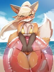 anthro big_breasts bikini blonde_hair breast_press breast_squeeze breast_squish cameltoe canid eyebrows_visible_through_hair fangs female female_only fox fox's_sister_(kinokoningen) furry furry_only kinokoningen seductive_look seductive_smile smile swimming_ring swimwear thick_thighs wide_hips