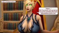 1girls 3d blizzard_entertainment blonde_hair blood_elf dialogue green_eyes huge_breasts kaela_sundawn kaelatheelf light-skinned_female light_skin original_character warcraft world_of_warcraft