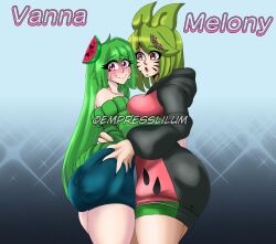 2girls alternate_version_available ass ass_grab blush blushing empresslilum female female/female female_focus female_only green_hair hand_on_butt hug hugging melony_(smg4) multiple_girls pantylines smg4 tagme vannamelon vannamelon_(copyright) yuri