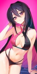 2d 2d_(artwork) azki_(hololive) bare_arms bare_midriff bare_shoulders bare_thighs big_breasts bikini bikini_bottom bikini_top black_hair choker cleavage collarbone eyebrows_visible_through_hair female female_only fully_clothed hand_in_hair hi_res highres hololive hololive_gen_0 hololive_japan long_hair looking_at_viewer midriff nipple_bulge pink_hair purple_eyes revealing_clothes rifufu round_breasts simple_background slim_waist stomach swimsuit swimwear thighs toned_stomach two_tone_hair very_long_hair virtual_youtuber