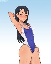 1girls black_hair blush breasts brown_eyes clothed clothing defaultwaifu earrings female_focus female_only hayase_nagatoro long_hair looking_at_viewer navel please_don't_bully_me,_nagatoro pose revealing_clothes simple_background small_breasts smile solo swimsuit tan tan_skin tanned watermark white_background